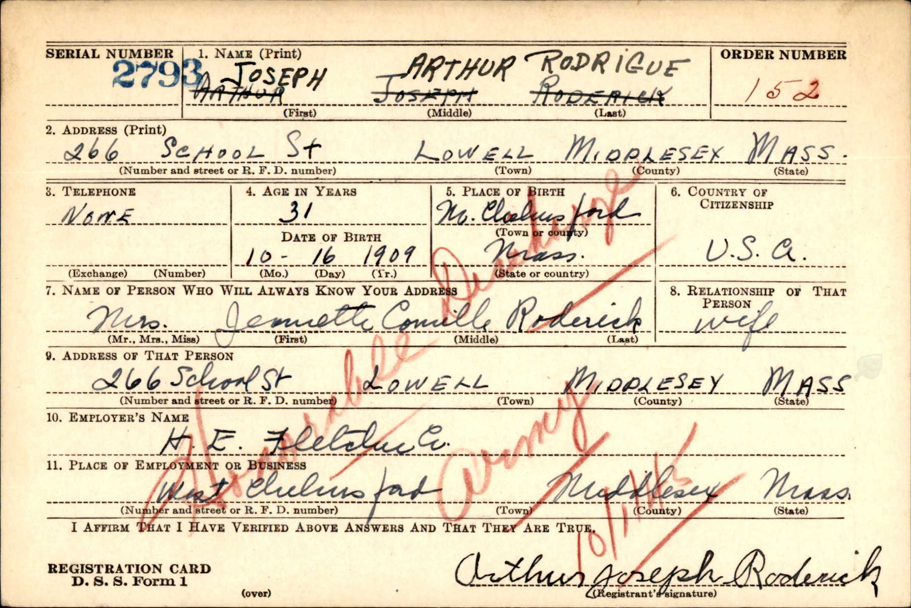 Draft card for Joseph Arthur Rodrigue