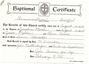 Baptismal record of Josephine Mahler