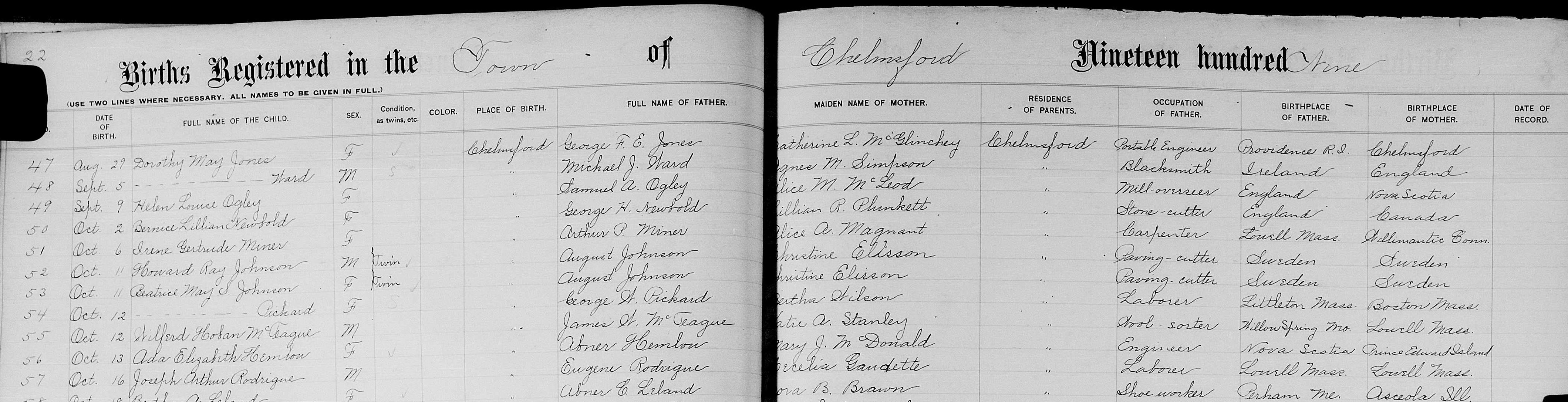 Birth record of Joseph Arthur Rodrigue