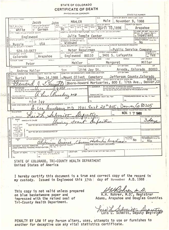 Death certificate of Jacob John Mahler
