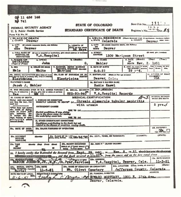 Death certificate of John G. Mahler