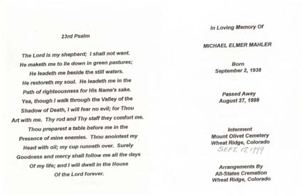 Funeral program of Michael Elmer Mahler