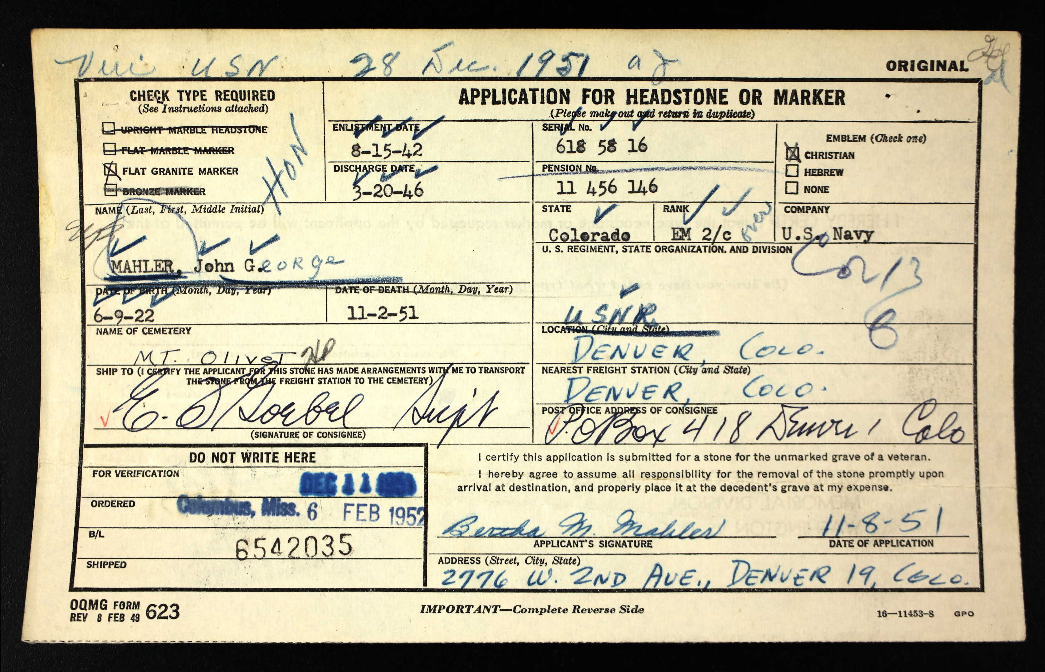 Application for a military headstone for John George Mahler