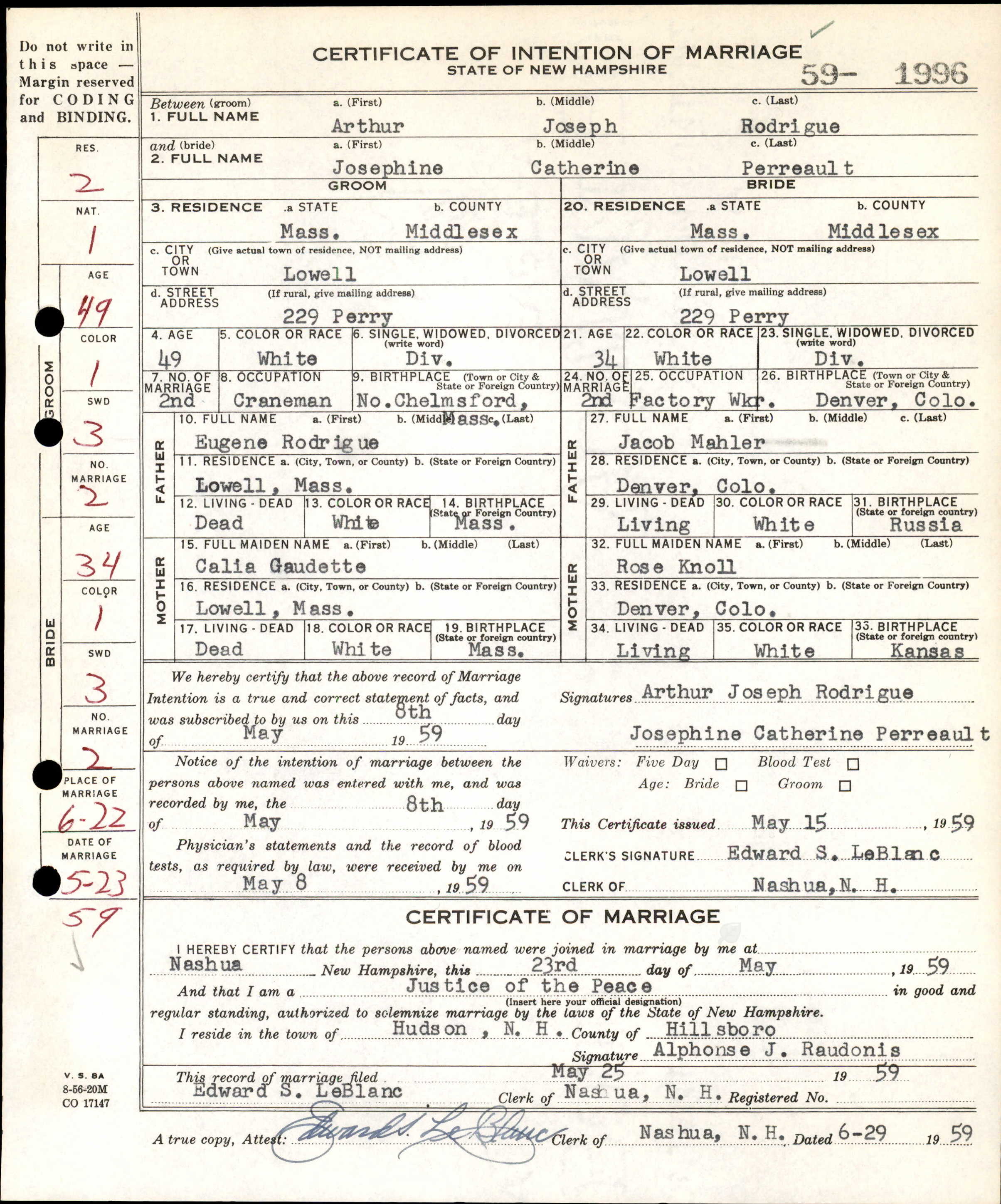 Marriage record of Arthur Joseph Rodrigue and Josephine Catherine Perreault