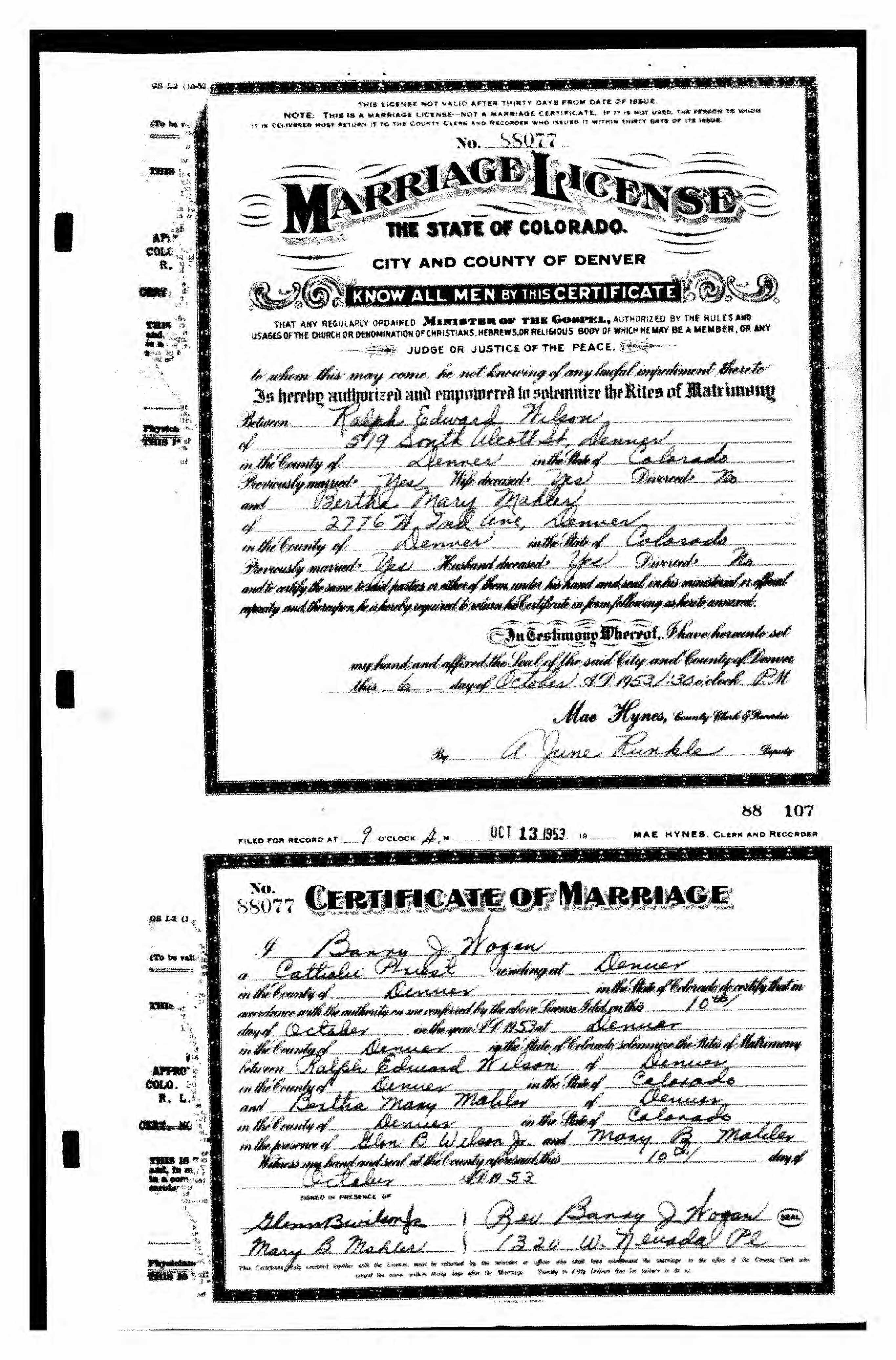 Marriage record of Ralph Edward Wilson and Bertha Mary Mahler