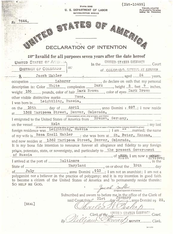 Declaration of intention of Jacob Mahler
