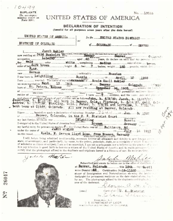 Declaration of intention of Jacob Mahler