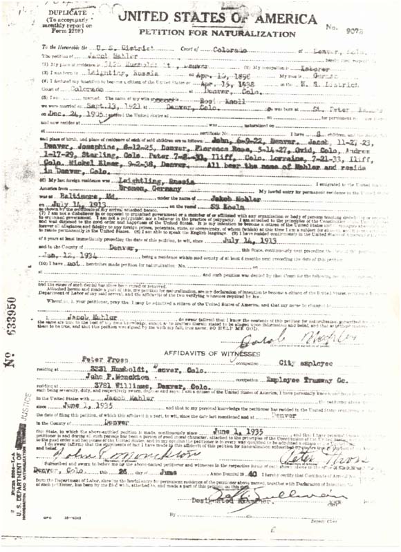 Petition for naturalization of Jacob Mahler