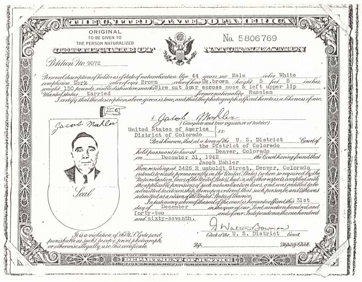 Certificate of naturalization of Jacob Mahler