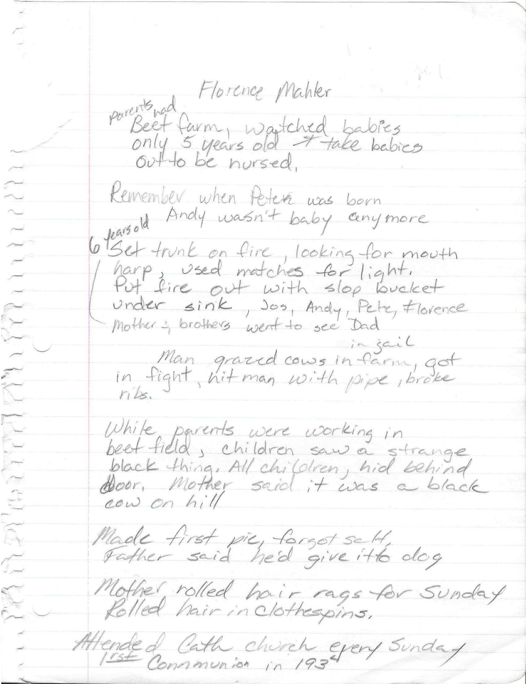 Notes taken of Florence (Mahler) Boyd's recollections