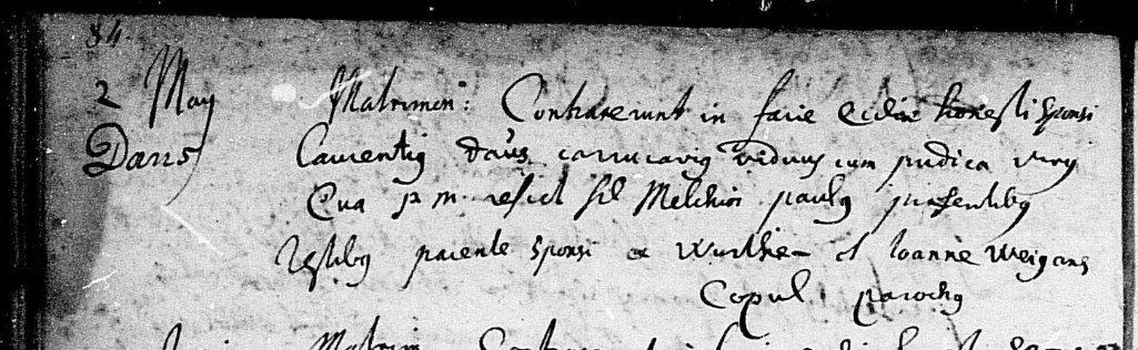 Marriage record for Laurentz Daus and a daughter of Melchior Paulus
