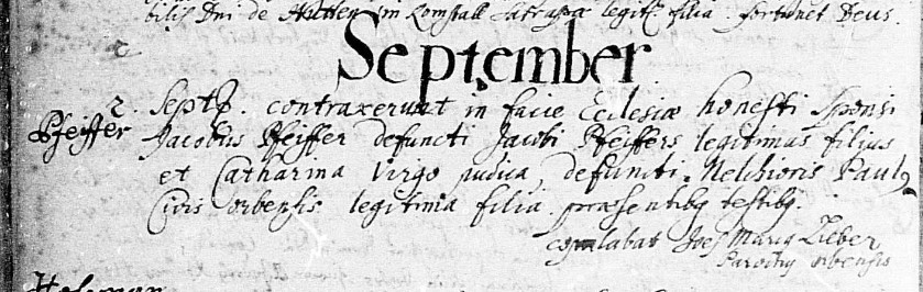 Marriage record for Jacob Pfeiffer and Catharina Paulus