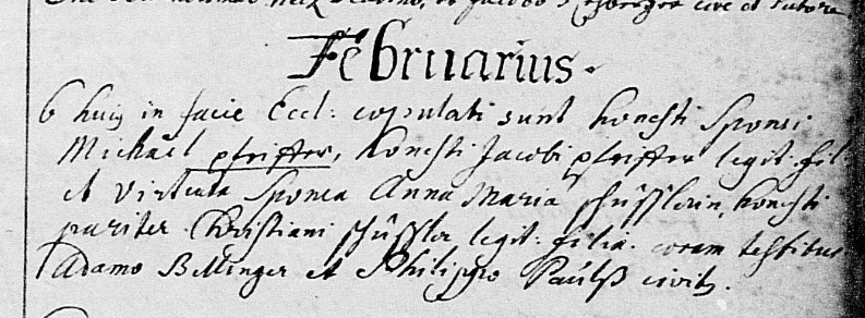 Marriage record for Michael Pfeiffer and Anna Maria Shuessler