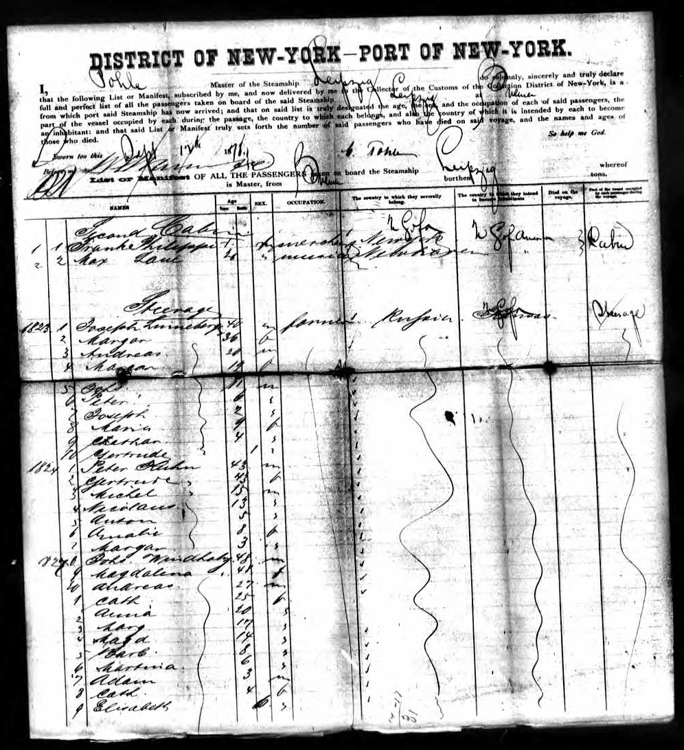 Passengers' list, including the Johs. and Magdalena Windholz family